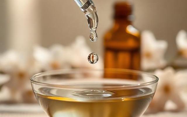 Bachblüten-Therapie – Tropfen aus Pipette erzeugt sanfte Wellen im Wasser, Blüten und Fläschchen im Hintergrund